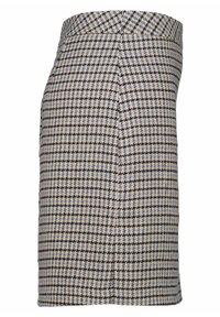 Jupe crayon taille haute à motif pied-de-poule marron, noir et bleu clair, longueur genou avec une silhouette droite.