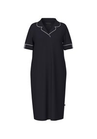 Abito nero con colletto polo, maniche corte e piping bianco ai bordi del colletto e delle maniche. Tessuto morbido, design fino al ginocchio.