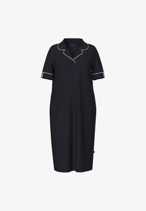 Black dress with a polo collar, short sleeves, and white piping at the collar and sleeve edges. Smooth fabric, knee-length design.