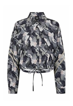 Afgekorte jas met camouflageprint in tinten grijs en roze. Gemaakt van gestructureerde stof met een knoopsluiting aan de voorkant en een trekkoordzoom.