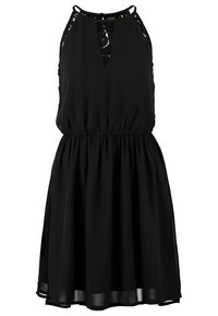 Robe noire à encolure licou avec ouverture en trou de serrure, taille élastique et superposition de tissu transparent. Design simple avec une jupe fluide.