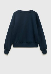 Námořnická modrá bavlněná mikina s kleslými rameny, dlouhými rukávy a žebrovanými manžetami. Má hladký povrch a elastický lem.