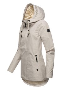 Light gray waterproof jacket with a hood, zipper front, drawstring accents, and side pockets. Smooth texture, longer back hem, logo patch on sleeve.