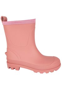 Botte de pluie en caoutchouc rose avec une semelle texturée, un bord supérieur élastique et un bout arrondi. Surface lisse et une languette à l'arrière pour faciliter l'utilisation.