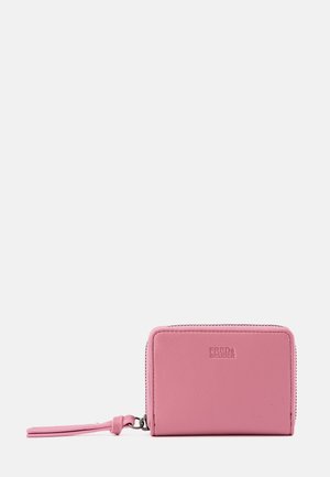 Compact pink leather zip wallet with wrist strap and "FREDs BRUDER" embossed logo on the front against a plain background.