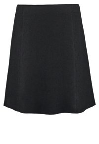 Jupe noire trapèze avec des détails de couture verticale apparente sur les panneaux avant, confectionnée dans un tissu lisse.
