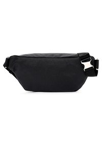 Marsupio in tessuto nero con superficie testurizzata, design slim e chiusura a fibbia in plastica. Presenta un compartimento con zip per lo stoccaggio.