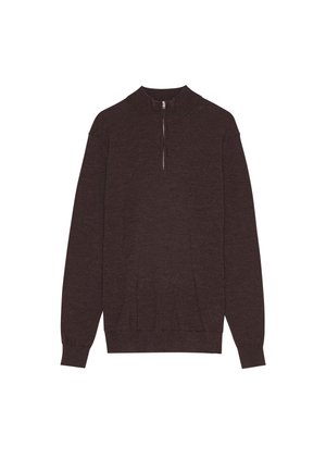 Pull à col zippé marron, fabriqué en tissu doux, doté de manches longues, de poignets côtelés et d'une coupe décontractée. Texture lisse avec un minimum de détails.