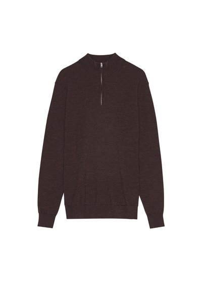 Brauner Zip-Pullover aus weichem Material, mit langen Ärmeln, gerippten Bündchen und lockerer Passform. Glatte Oberfläche mit minimalen Details.