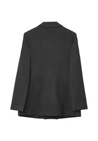 Blazer grigio scuro con colletto a scollo a V, maniche lunghe e taglio dritto. Il materiale appare testurizzato, con una chiusura nascosta e senza decorazioni visibili.