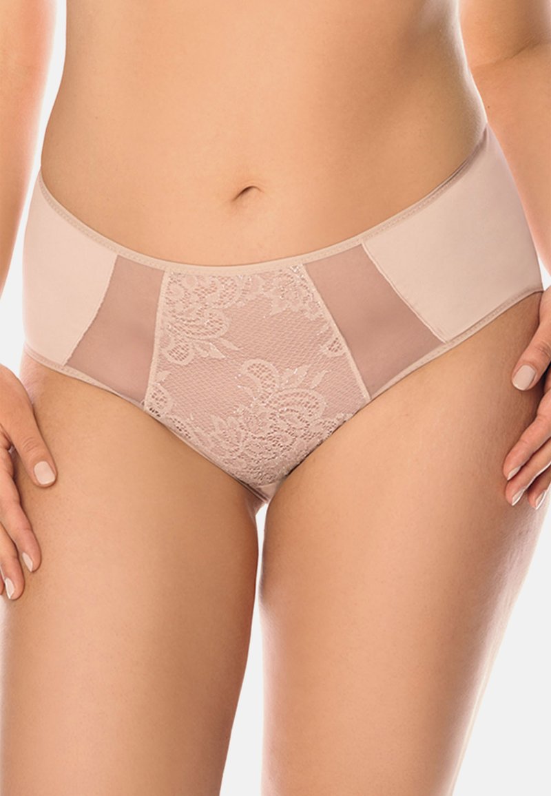 Perizoma hipster da donna in pizzo e rete beige con motivo floreale e pannelli laterali lisci. Tessuto morbido con design semi-trasparente.