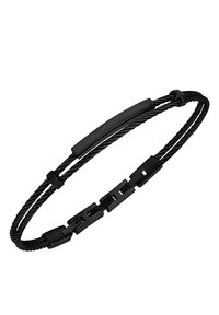 Black metal bracelet featuring a twisted rope design with rectangular links and a smooth, flat centerpiece. Adjustable with a sleek finish.