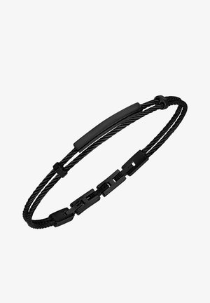 Bracciale in metallo nero caratterizzato da un design a corda intrecciata con anelli rettangolari e un centro liscio e piatto. Regolabile con una finitura elegante.