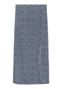 Blommig ankellång kjol i marinblå med vita blommönster, en sidoklyvning och en mjuk tygtextur.