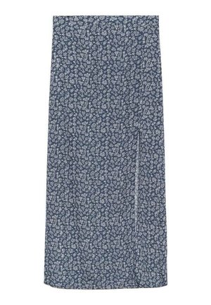 Blumenmuster-maxirock in Marineblau mit weißen Blumenmustern, einem seitlichen Schlitz und einer glatten Stoffstruktur.