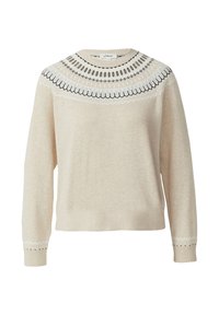 Sweter w kolorze kremowym z okrągłym dekoltem, zdobiony czarno-białymi, wzorzystymi akcentami wokół ramion i mankietów.