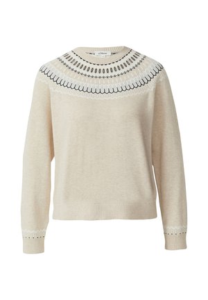 Cremfarbener Pullover mit Rundhalsausschnitt, der dekorative Akzente in Schwarz-Weiß um die Schultern und Bündchen aufweist.