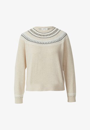 Cremfarbener Pullover mit Rundhalsausschnitt, der dekorative Akzente in Schwarz-Weiß um die Schultern und Bündchen aufweist.