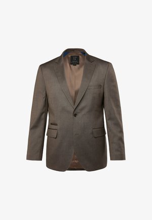 Hnědý blazer s klopami, dvěma předními kapsami a jedním knoflíkem. Má hladkou podšívku v kontrastní barvě.