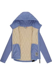 Veste matelassée bleu clair avec capuche. Intérieur doublé de beige avec motif en losanges. Deux grandes poches latérales, fermeture éclair et poignets ajustables.