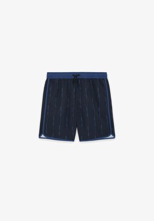 Marineblaue Badeshorts mit vertikalen hellblauen Streifen, elastischem Bund, schwarzem Kordelzug und abgerundeten Säumen mit hellblauer Einfassung.