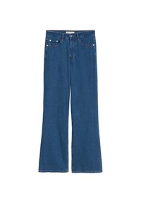 Blauwe wijde jeans van denim met een gladde textuur. Heeft vijf zakken, een gulp met een knoop, en subtiele stiksels als accenten.