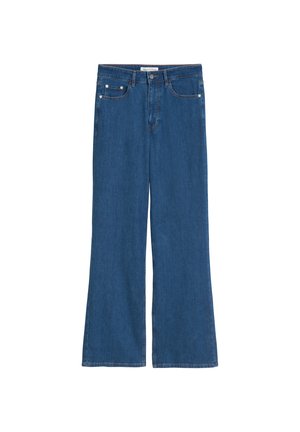 Jeans larges bleus en denim avec une texture lisse. Comprend cinq poches, un zip à l'avant avec un bouton, et de légacs coutures. 