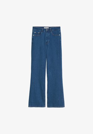 Blaue Schlagjeans aus Denim mit glatter Textur. Verfügt über fünf Taschen, einen Reißverschluss mit Knopf und zarte Nahtakzente.