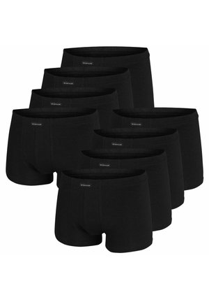 Acht Paar schwarze Herrenslips in zwei versetzten Reihen angeordnet, Vorderansicht mit kleinen Markenetiketten an den Bund. 