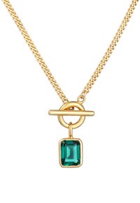 Collier en chaîne dorée avec un pendentif en pierre précieuse verte rectangulaire, agrémenté d'un fermoir à bascule.
