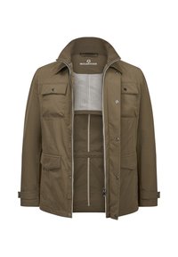 Olivgrüne Jacke mit Reißverschluss vorne, hohem Kragen, mehreren Taschen und einem Netzfutter. Verfügt über Druckknopfverschlüsse und kontrastierende Innenakzente.