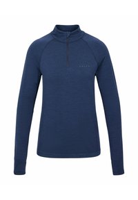 Granatowy, długi sweter z rękawem i suwakiem na ćwiartkę. Charakteryzuje się teksturowaną tkaniną oraz małym logo na piersi. Ergonomiczne rękawy raglanowe.