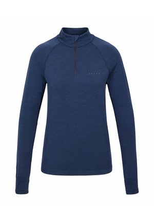 Marineblauwe pullover met lange mouwen en een kwartrits. Voorzien van een gestructureerde stof en een klein logo op de borst. Ergonomische raglanmouwen.