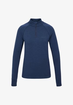 Navy blue, long-sleeve pullover with a quarter zip. Features a textured fabric and a small logo on the chest. Ergonomic raglan sleeves.
