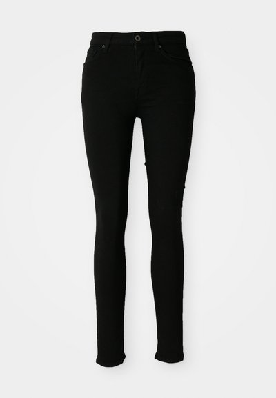 Schwarze enge Jeans aus Denim mit glatter Textur, ausgestattet mit einem Knopfverschluss, Gürtelschlaufen und ohne sichtbare Abnutzungsspuren.
