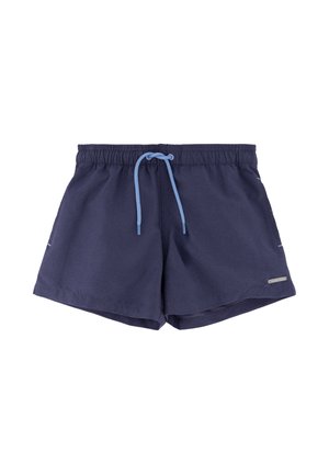 Pantalones cortos casuales azul marino con cinturilla elástica y cordón azul claro, con pequeño logo de la marca en la parte inferior derecha.