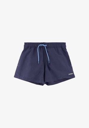 Pantalones cortos casuales azul marino con cinturilla elástica y cordón azul claro, con pequeño logo de la marca en la parte inferior derecha.
