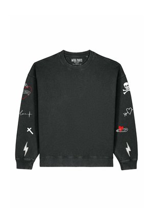 Zwarte sweatshirt met borduursels, waaronder een schedel, harten, bliksemschichten en een veiligheidsspeld. Geribbelde kraag en manchetten.