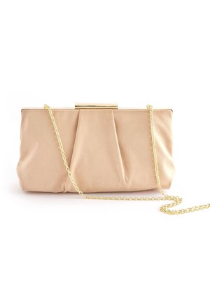 Beige satin clutch purse with slight pleats, a gold-tone metal clasp, and a thin gold chain strap on a white background.