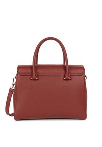 Borsa strutturata in pelle bordeaux lucida, con due manici superiori e una tracolla regolabile removibile. Dettagli in metallo dorato.