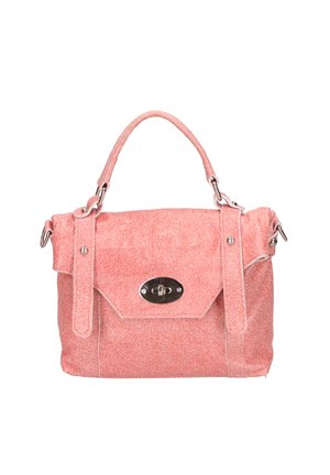 Borsa in tessuto rosa con manico superiore, chiusura a pattina e fermaglio a torsione argentato.
