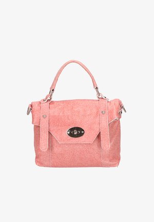 Pink fabric handbag with top handle, flap closure, and silver twist-lock clasp.