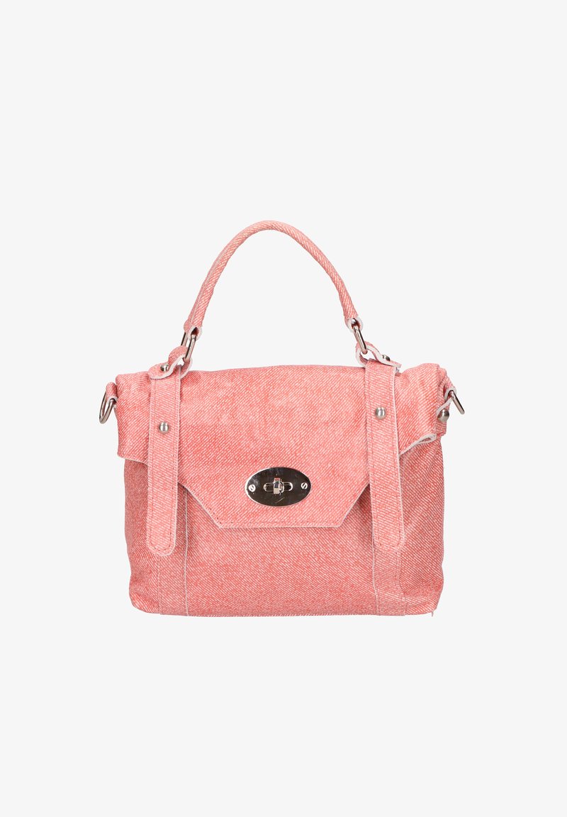 Rosa Stoffhandtasche mit Griff oben, Klappverschluss und silbernem Drehverschluss.