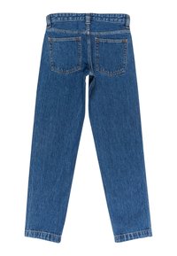 Blaue Denim-Jeans im geraden Schnitt mit zwei Gesäßtaschen und einer leicht verwaschenen Textur. Gesteppte Nähte und ein Knopfverschluss.