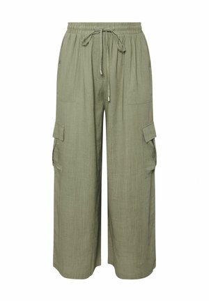 Pantalons cargo en vert olive, avec une taille à cordon, une coupe large, un tissu texturé et deux grandes poches latérales.