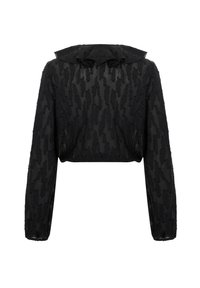 Blouse noire transparente à manches longues avec motif texturé, coupe ample et col à volants superposés, vue de dos sur fond blanc.