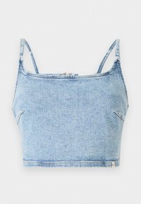Svijetloplavi traper crop top s tankim podesivim trakama, s prednjim zatvaranjem na zip i glatkom teksturom, dizajniran za uski kroj.