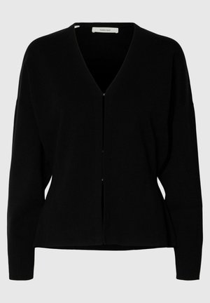 Fekete, hosszú ujjú női kardigán V-nyakkivágással és elején patentos gombokkal, enyhén alakított derékkal, egyszínű háttéren bemutatva.
