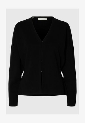 Fekete, hosszú ujjú női kardigán V-nyakkivágással és elején patentos gombokkal, enyhén alakított derékkal, egyszínű háttéren bemutatva.