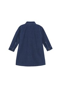 Długa, granatowa sukienka z korduroju z kołnierzem i zapięciem na guziki przy mankietach, pokazana z tyłu na białym tle.